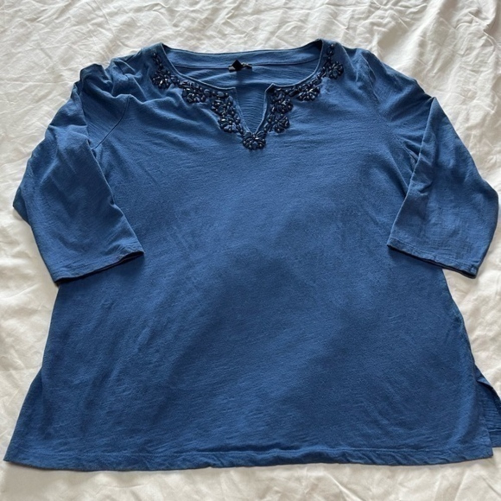 Talbots Women’s Blue Split Neck Beaded Embellished Neckline Petites XL